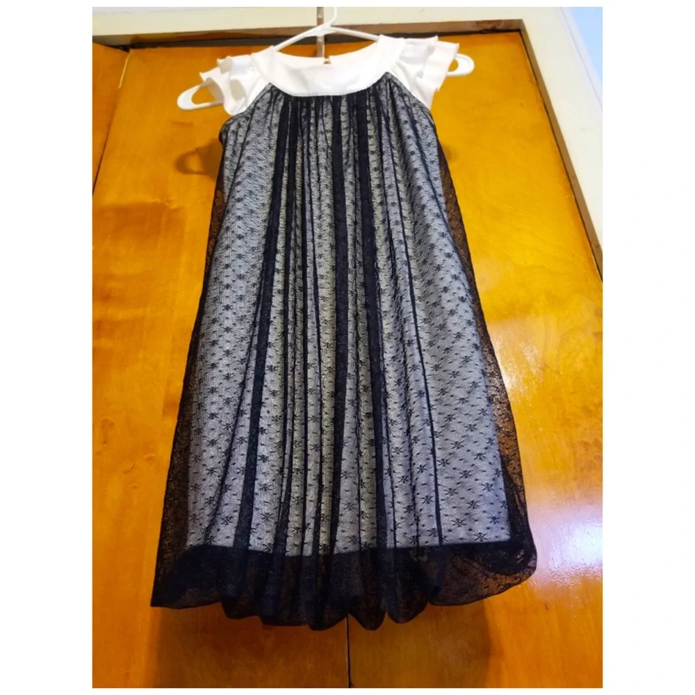 Girl’s Hanna Andersson 2-Tone Sheer Black Pleated Lace Bubble Shift Party Dress